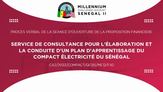Procès-verbal de la séance d’ouverture de l’offre financière relative au marché de service de consultance pour l’élaboration et la conduite d’un plan d’apprentissage du Compact électricité du Sénégal
