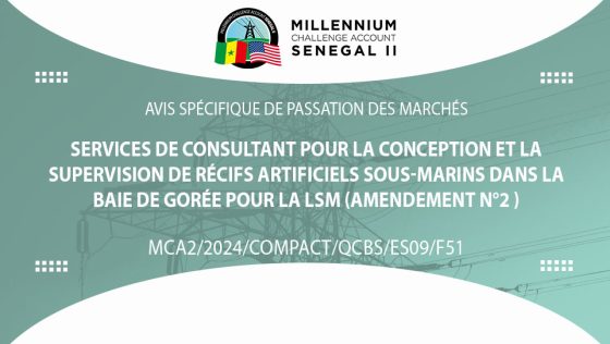 Avis pour Services de Consultant pour la conception et la supervision de récifs artificiels sous-marins dans la baie de Gorée pour la liaison sous-marine (Amendement N°2)
