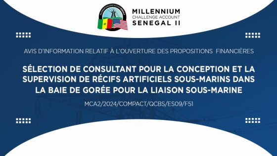 Avis d’information relatif à l’ouverture des propositions financières pour la sélection de consultant pour la conception et la supervision de récifs artificiels sous-marins dans la baie de Gorée pour la liaison sous-marine