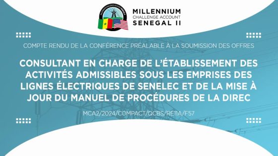 Compte rendu de la conférence préalable à la soumission des offres relatives à la sélection d’un consultant en charge de l’établissement des activités admissibles sous les emprises des lignes électriques de Senelec et de la mise à jour du manuel de procédures de la DIREC