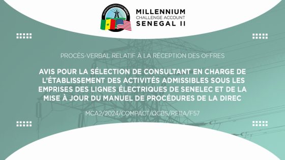 Procès-verbal de séance de réception des offres relatives à la sélection de consultant en charge de l’établissement des activités admissibles sous les emprises des lignes électriques de Senelec et de la mise à jour du manuel de procédures de la Direction de la Règlementation Environnementale et du Contrôle (DIREC)