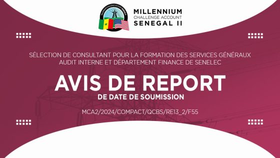 AVIS DE REPORT DE DATE DE SOUMISSION : Sélection de Consultant pour la Formation des Services Généraux Audit Interne et Département Finance de Senelec