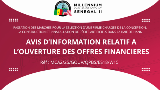AVIS D’INFORMATION RELATIF A L’OUVERTURE DES OFFRES FINANCIERES : Sélection d’une firme chargée de la conception, la construction et l’installation de récifs artificiels dans la baie de HANN